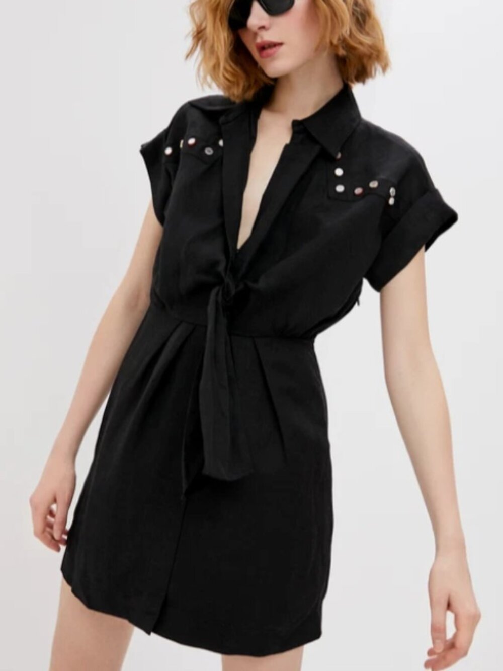 SANDRO Paris Black Dress with Studs and Tie Front - Size 38